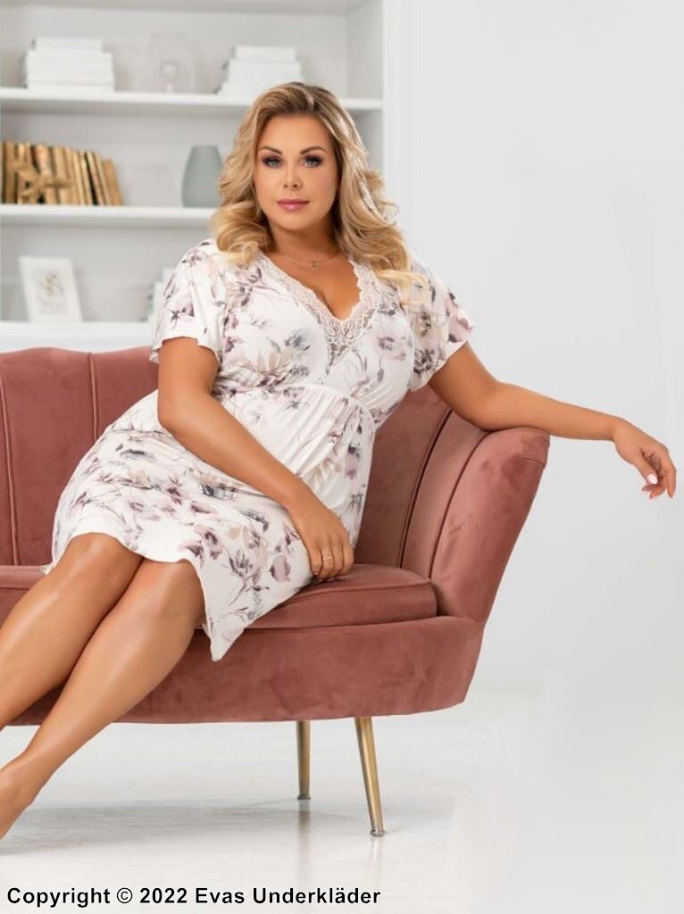 Nachthemd, hochwertige Viskose, Spitzenbesatz, kurze Ärmel, Blumen, Plus Size